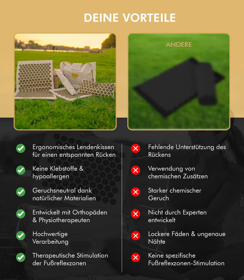 Vergleich der Vorteile der Premium Akupressurmatte mit anderen Produkten, Ergonomie und hochwertige Verarbeitung.