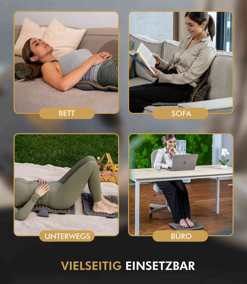 Vielseitige Anwendung der Premium Akupressurmatte: im Bett, auf dem Sofa, unterwegs und im Büro.