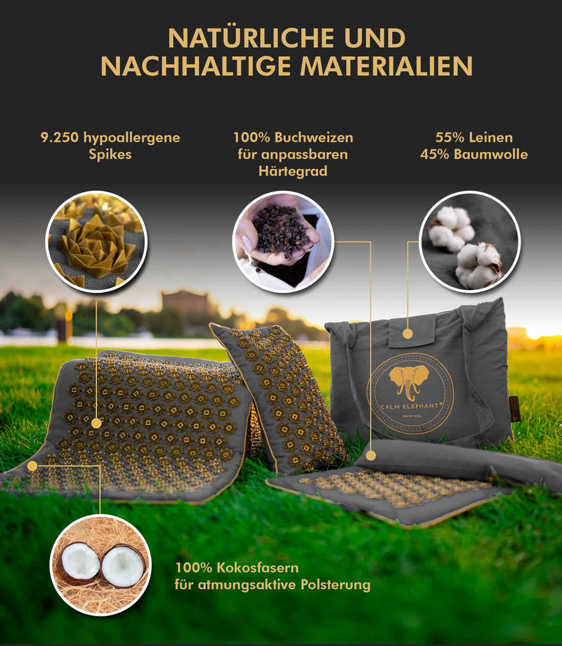 Hochwertige Materialien der Premium Akupressurmatte: 9.250 hypoallergene Spitzen, 100% Buchweizen, 55% Leinen und 45% Baumwolle.