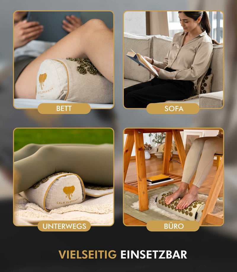 Premium Akupressurmatte CALM ELEPHANT, vielseitig einsetzbar im Bett, Sofa, Büro und unterwegs.