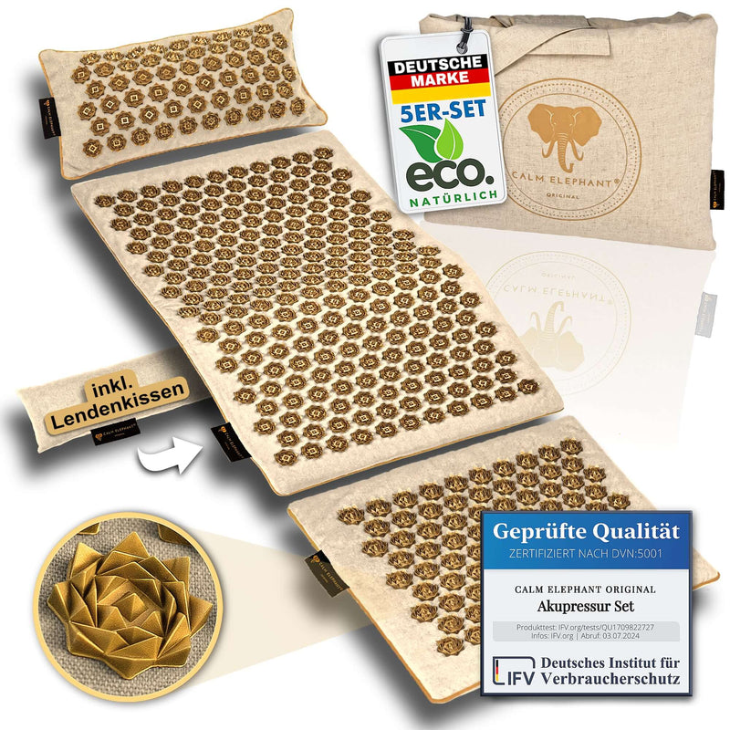 Premium Akupressurmatte von CALM ELEPHANT inkl. Lendenkissen, nachhaltig und ergonomisch, fördert Stressabbau und Entspannung.