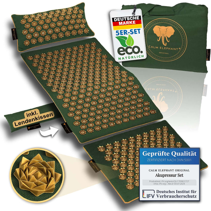 Premium Akupressurmatte Calm Elephant, inklusive Lendenkissen, natürlich und nachhaltig, fördert Erholung und Wohlbefinden.