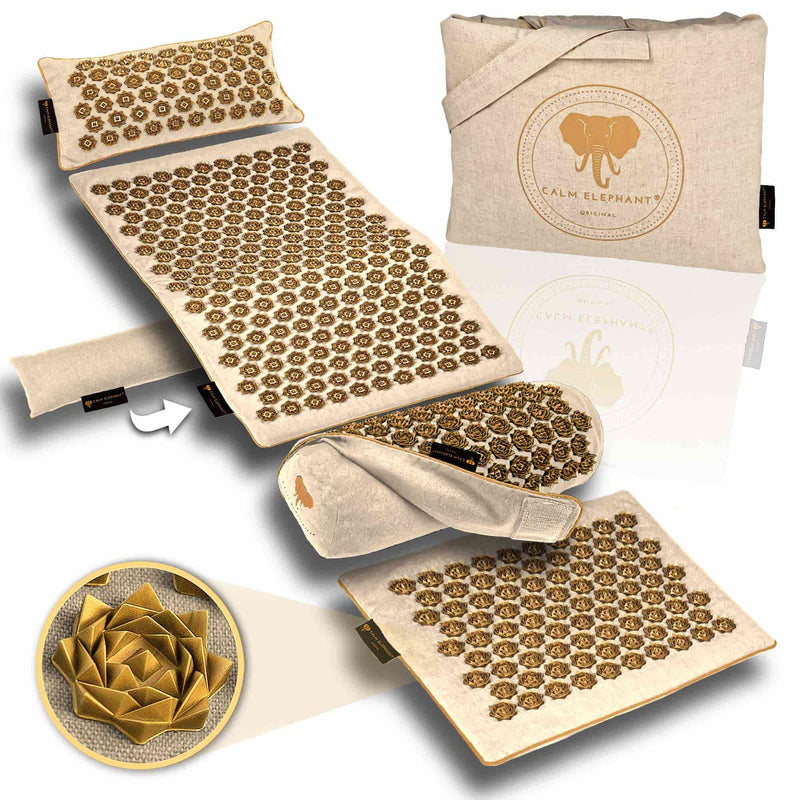 Premium CALM ELEPHANT Akupressurmatte mit ergonomischem Kissen, nachhaltig, BPA-frei und hautfreundlich.